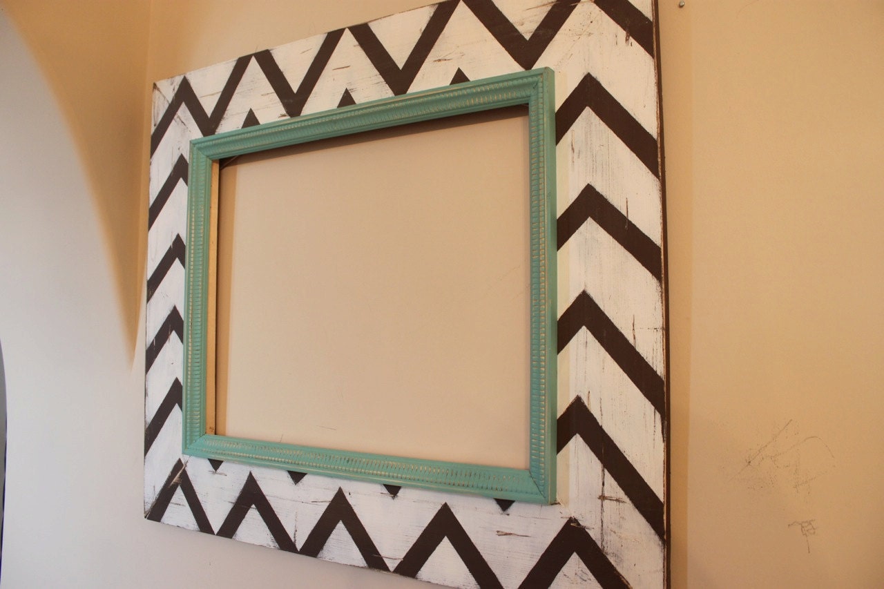 Chevron Mod Distressed Open Back Picture Frame Chocolate and Vintage White with Ocean Trim 16x20