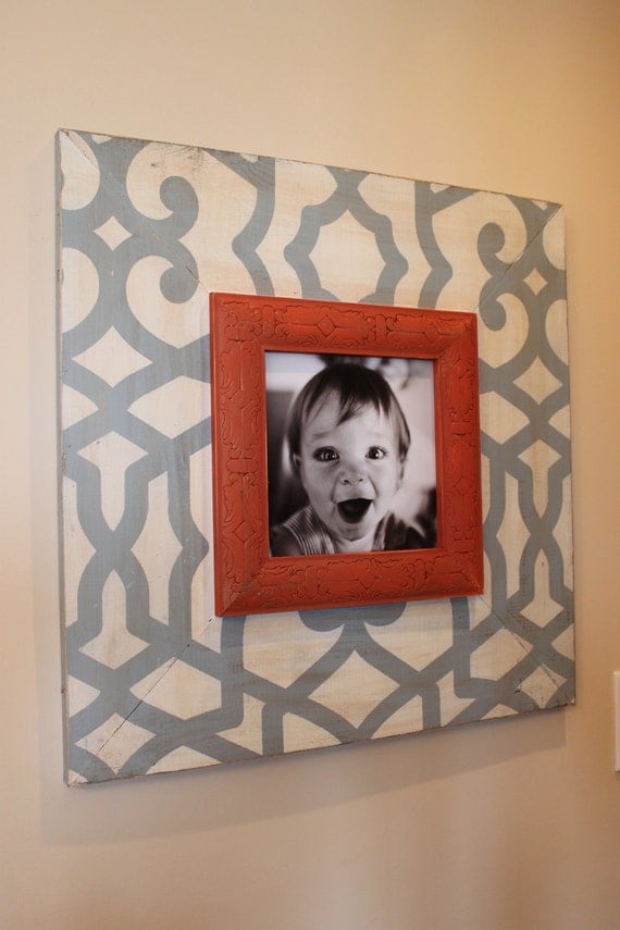 Fretwork Distressed 8x8 or 8x10 Wood Picture Frame with 8" Wood Orange,Blue and Vintage Cream