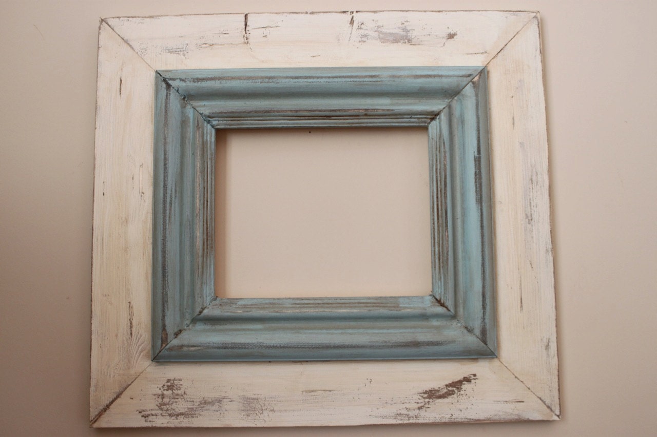 8x10 Wide Wood Uber Distressed Wood Frame Shabby Cream and Robin's Egg Blue Crown Trim Picture Frame