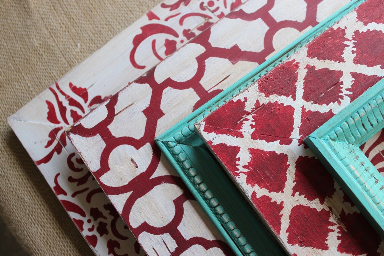 Set of 3 Table Top or Wall Hanging Distressed Frames: Turquoise, Cream and Red, 2-5x7 1-4x4