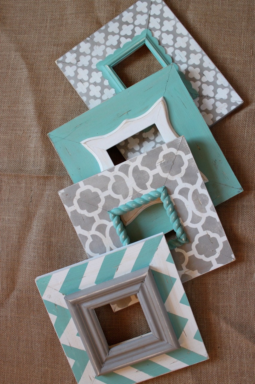 Distressed Frames: Set of Modern Funky Pattern In Grey and Turquoise Table Top or Wall Hanging