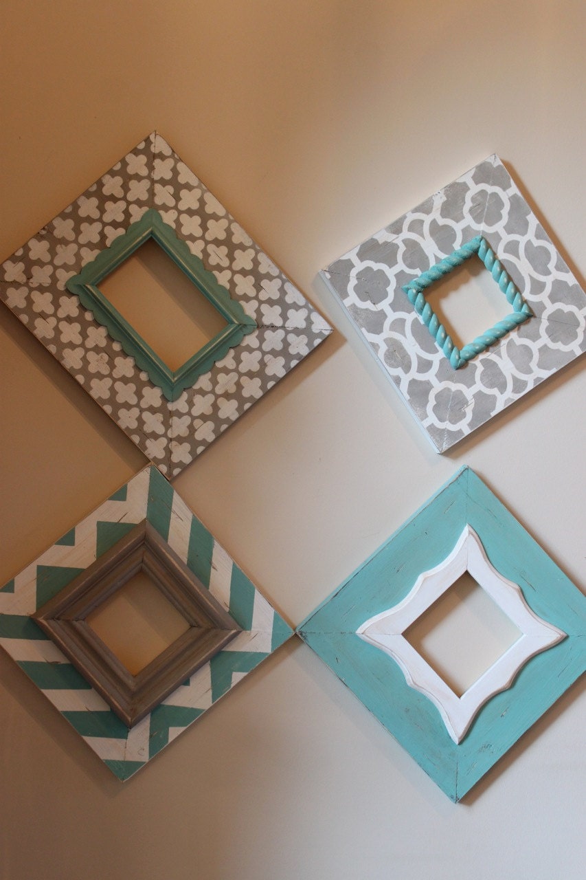 Distressed Frames: Set of Modern Funky Pattern In Grey and Turquoise Table Top or Wall Hanging