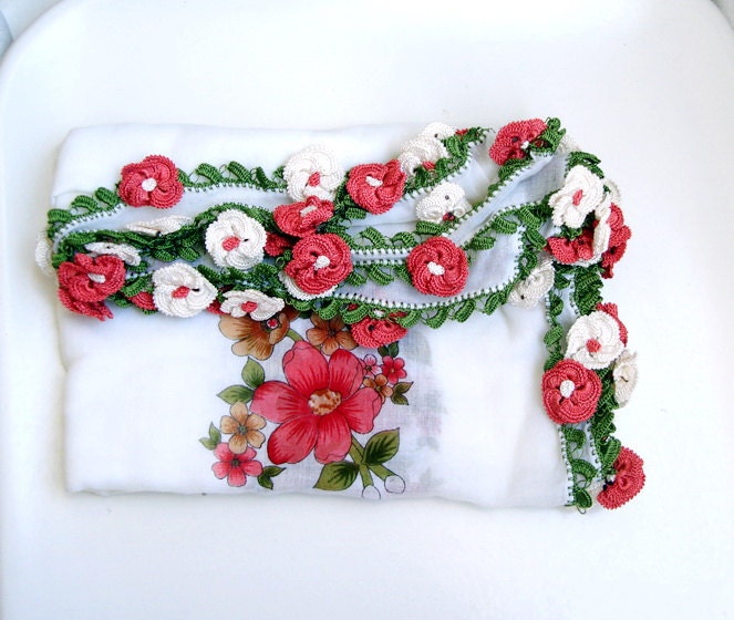 Unique White Ivory  Pastel red pink  Floral Cotton Fabric Scarf Shawl Crochet Lace