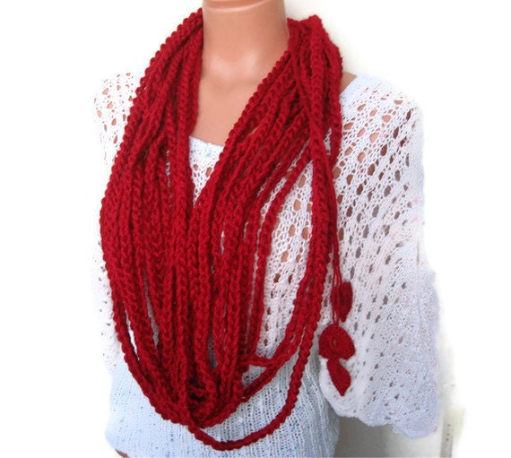 Crochet chain circle looped scarf with heart gift for her Oxblood Infinity Scarf