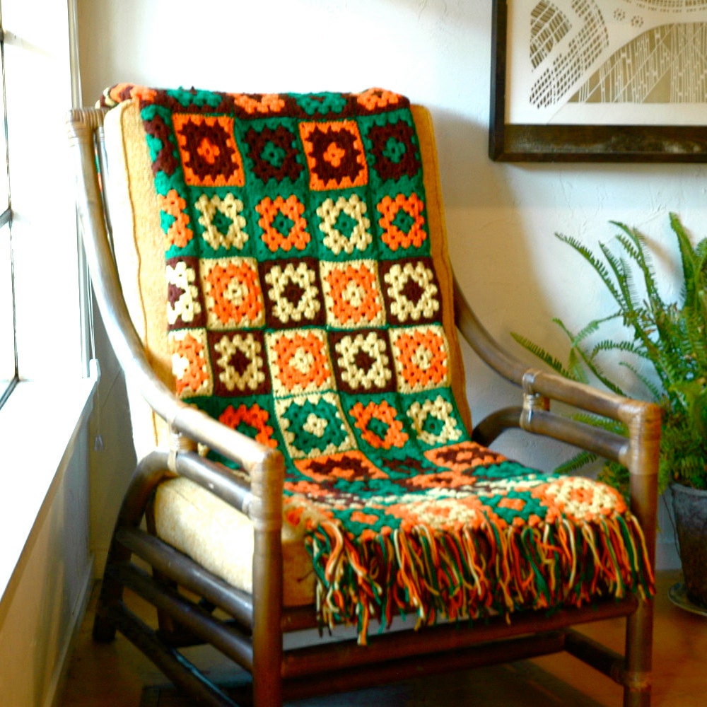 1970s Vintage Afghan... Knit Granny Square Blanket... GREEN ORANGE & YELLOW