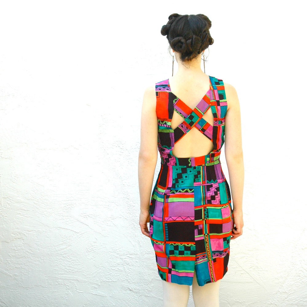Geometric Neon Dress... 90s Vintage Spring Dress... CRISS CROSS (s)