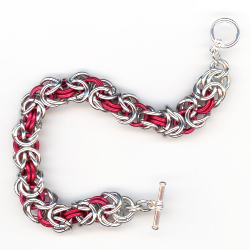 Chainmaille Bracelet Red and Silver Rings Byzantine Weave, Shortened to Size