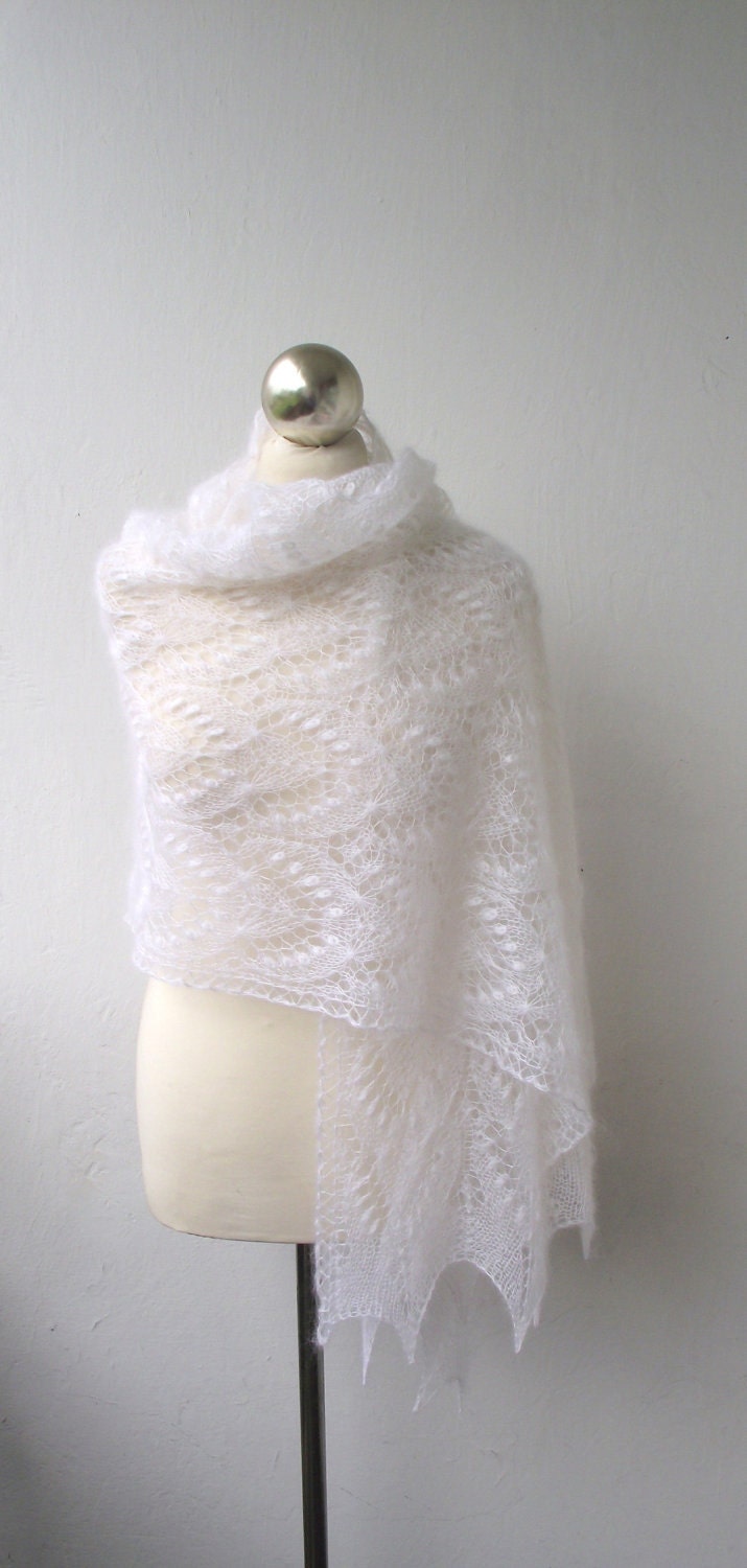 White Queen wedding shawl, hand knitted lace stole,white kidsilk shawl
