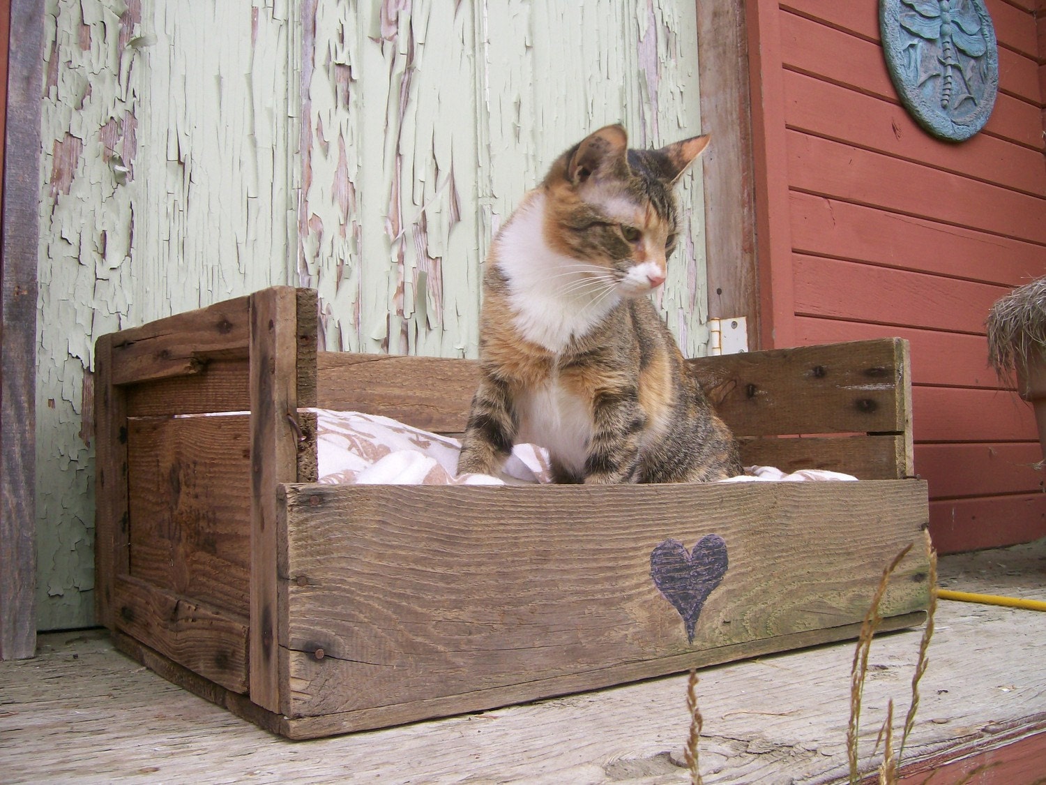 reserved Upcycled Country Pet Bed - Wooden Fruit Crate - Upcycled Shabby Chic - 2 dollars goes to carescatshelter