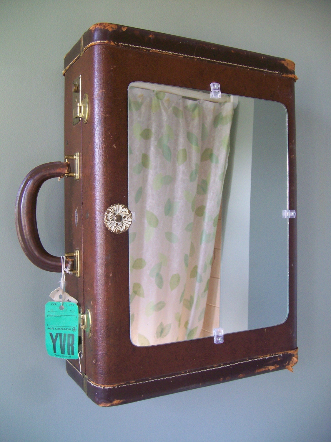 O N S A L E Rustic Vintage Suitcase Vanity - Brown Leather with Checkered Interior - Eco Chic