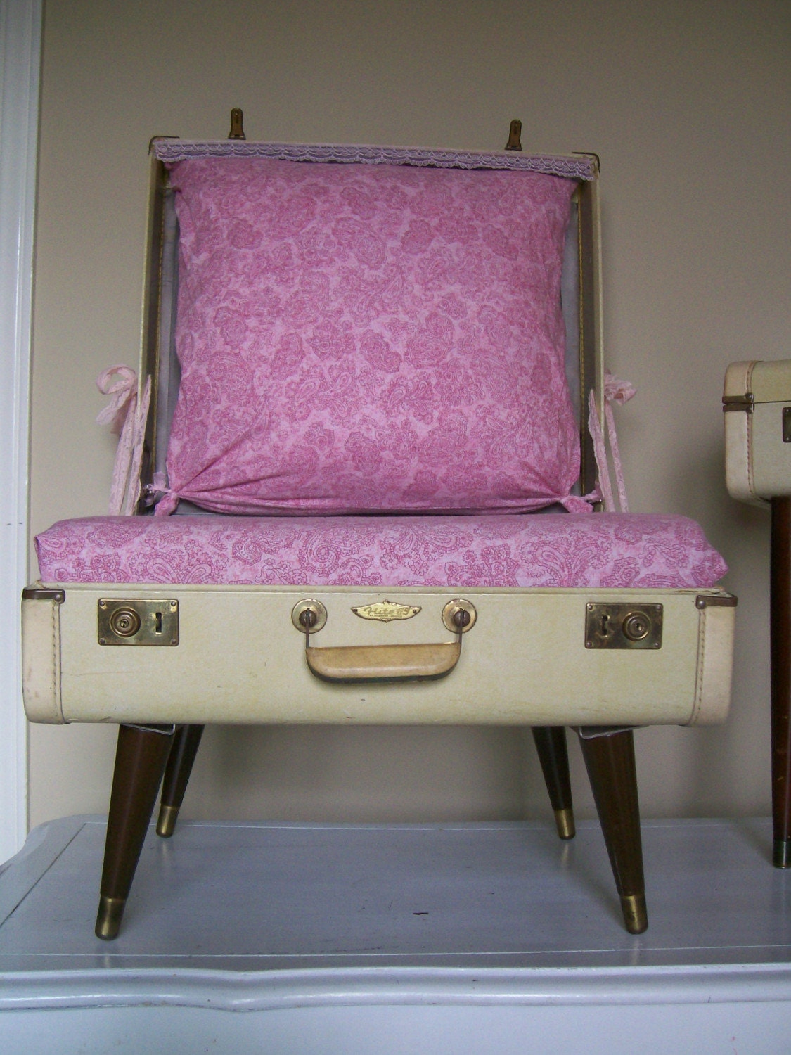 Pretty in Pink Suitcase Chair and Table Combo - Upcycled Vintage Luggage - Eco Chic Glam
