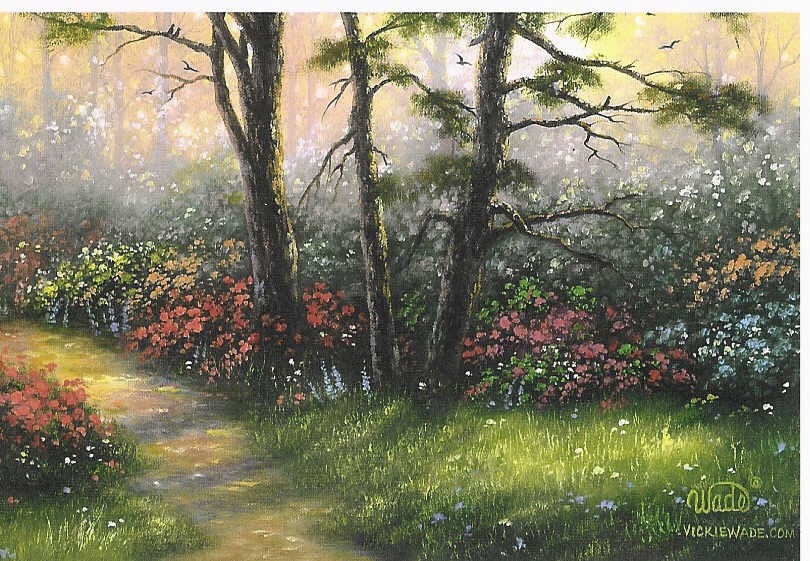 Misty Woods Original Oil Painting, Vickie Wade art, country, paintings, prints, landscapes, woods, flowers, trees, path, grass,