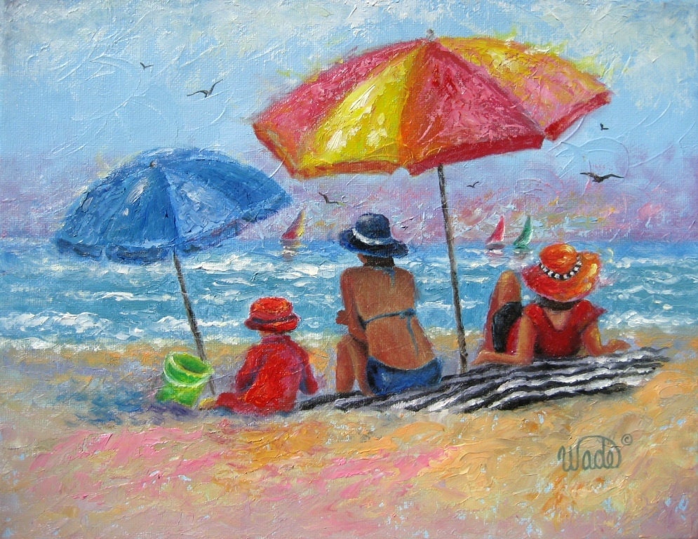 At the Beach Art Print, mother and daughter, beach girls, paintings, beach umbrellas, beach wall decor,beach art, ocean, Vickie Wade art