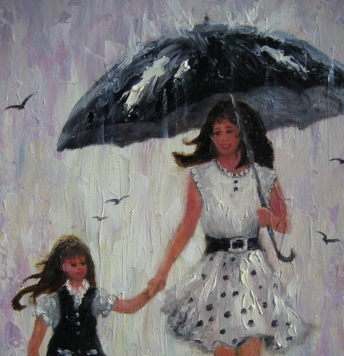 Rain Girls Original Oil Painting, mother and daughter paintings, rain paintings, umbrellas, mom and daughter, Vickie Wade Art