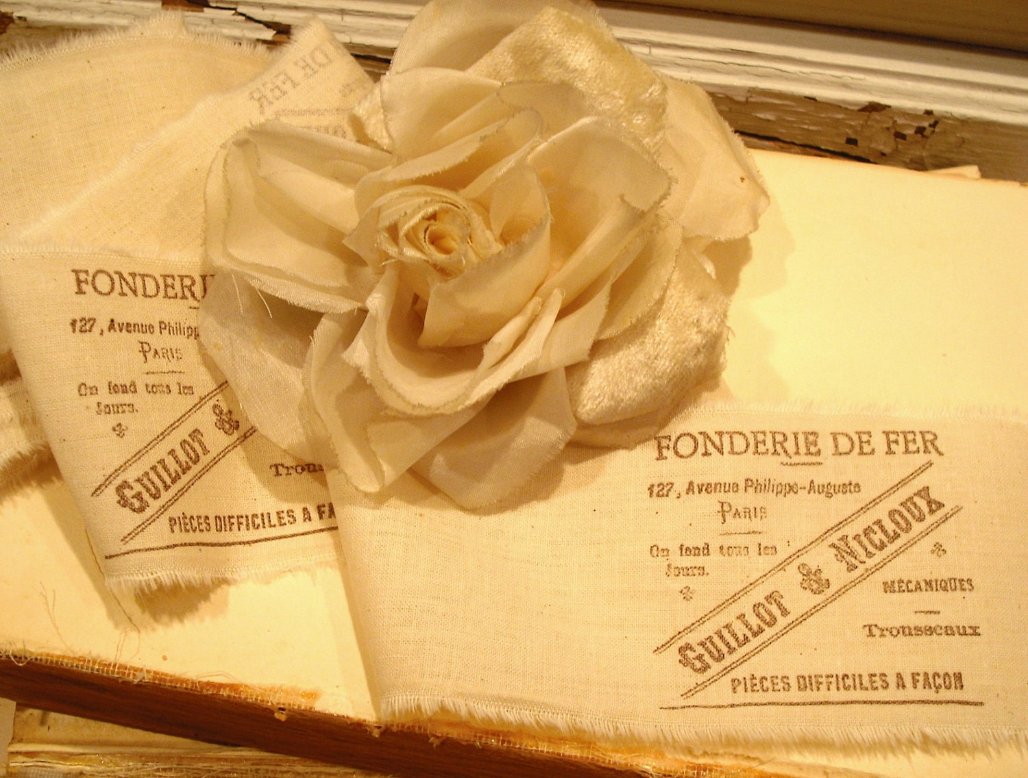 2 Yards Vintage French Advertisement Hand Stamped Ribbon/Trim