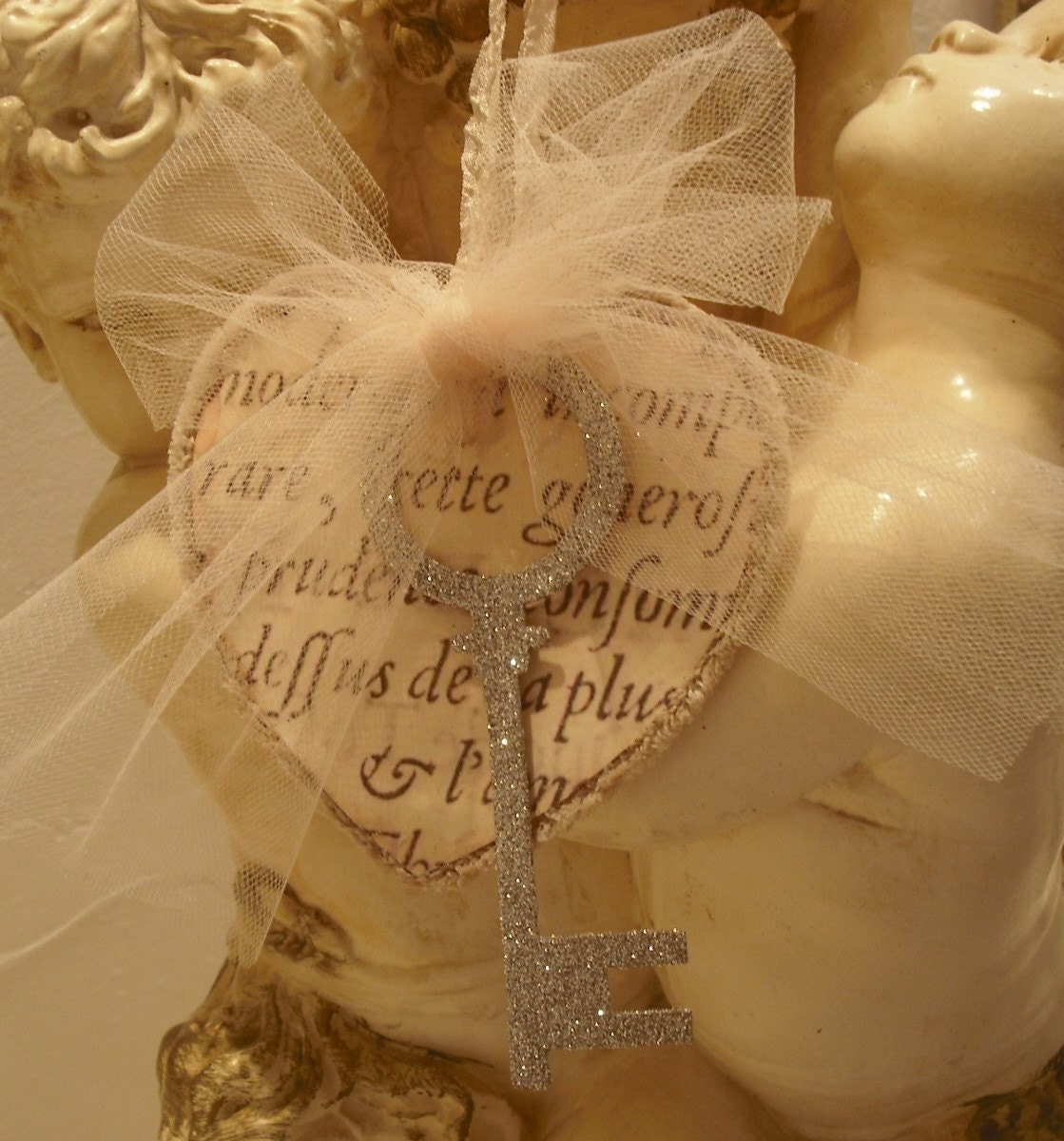 Christmas Ornament...Vintage Inspired French  Key To My Heart/French Script/Tulle/Glittered Key