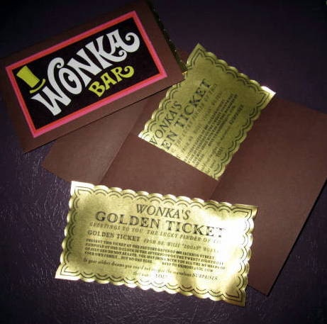 12 Willy Wonka Golden Tickets as Birthday Invitations with Custom Envelopes