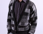 1980s Gray Mens Cardigan / Black Patchwork Style / Small