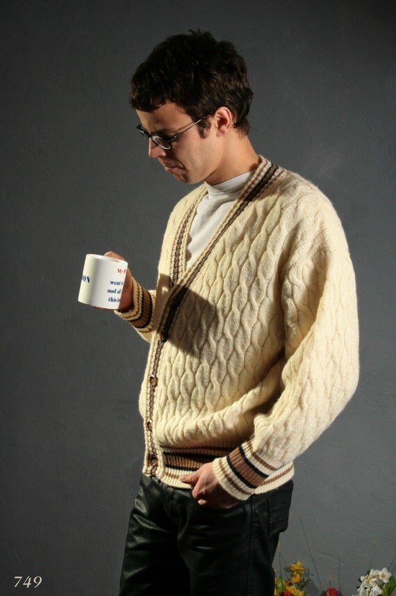 Vintage 1970s Fisherman's Cardigan / Braided Scotish Wool / Medium
