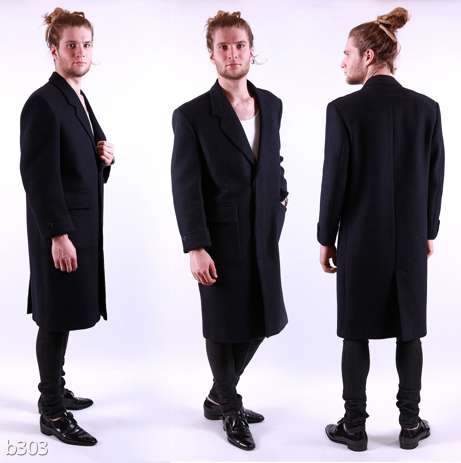 Mens 60s Winter Coat / Black Wool Coat / Medium to Large