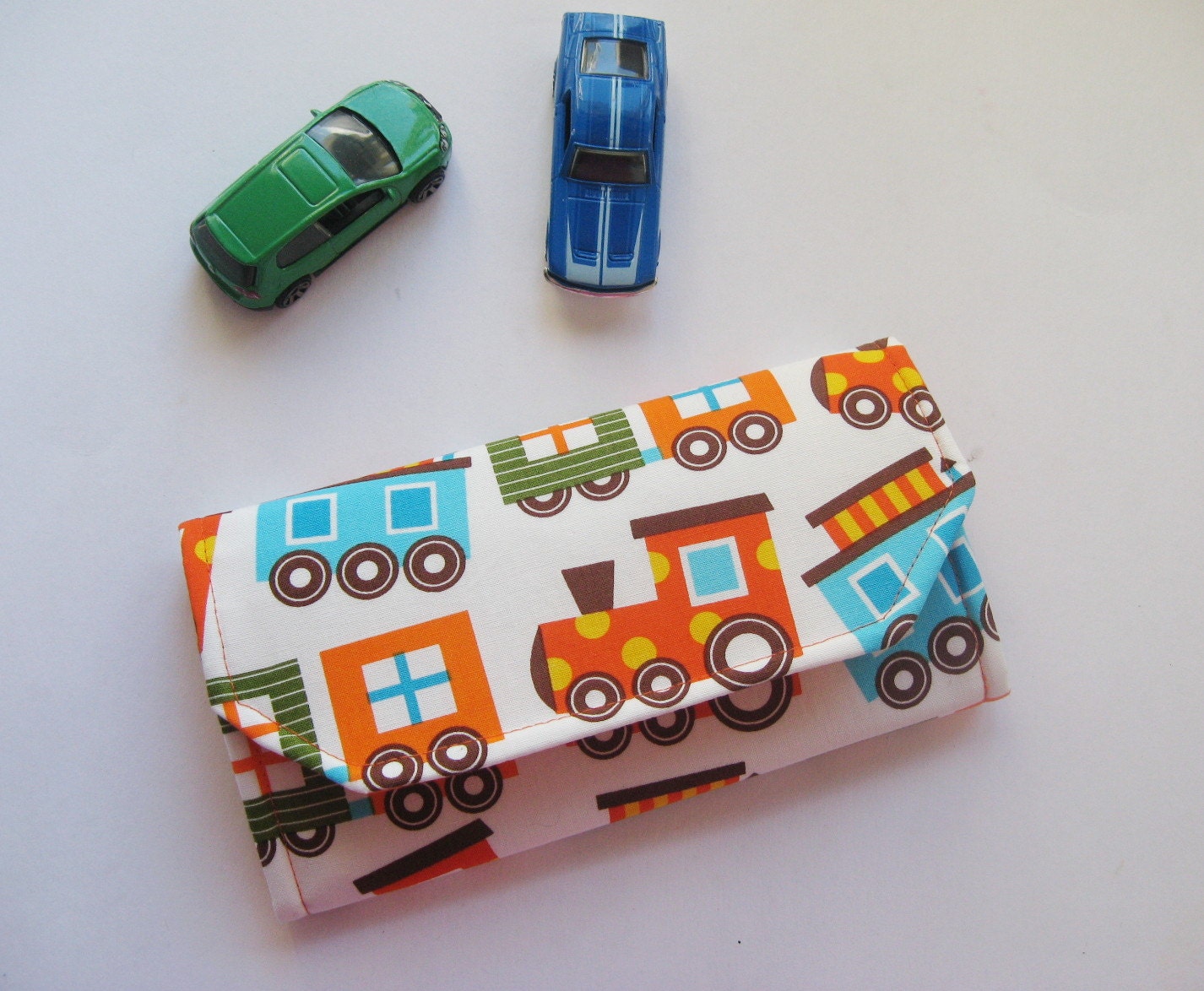 The ORIGINAL Car Wallet with Pocket (holds 4) ... Trains (orange)
