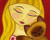 Blonde GIRL and Siamese CAT Art PRINT from Original Painting by Jill