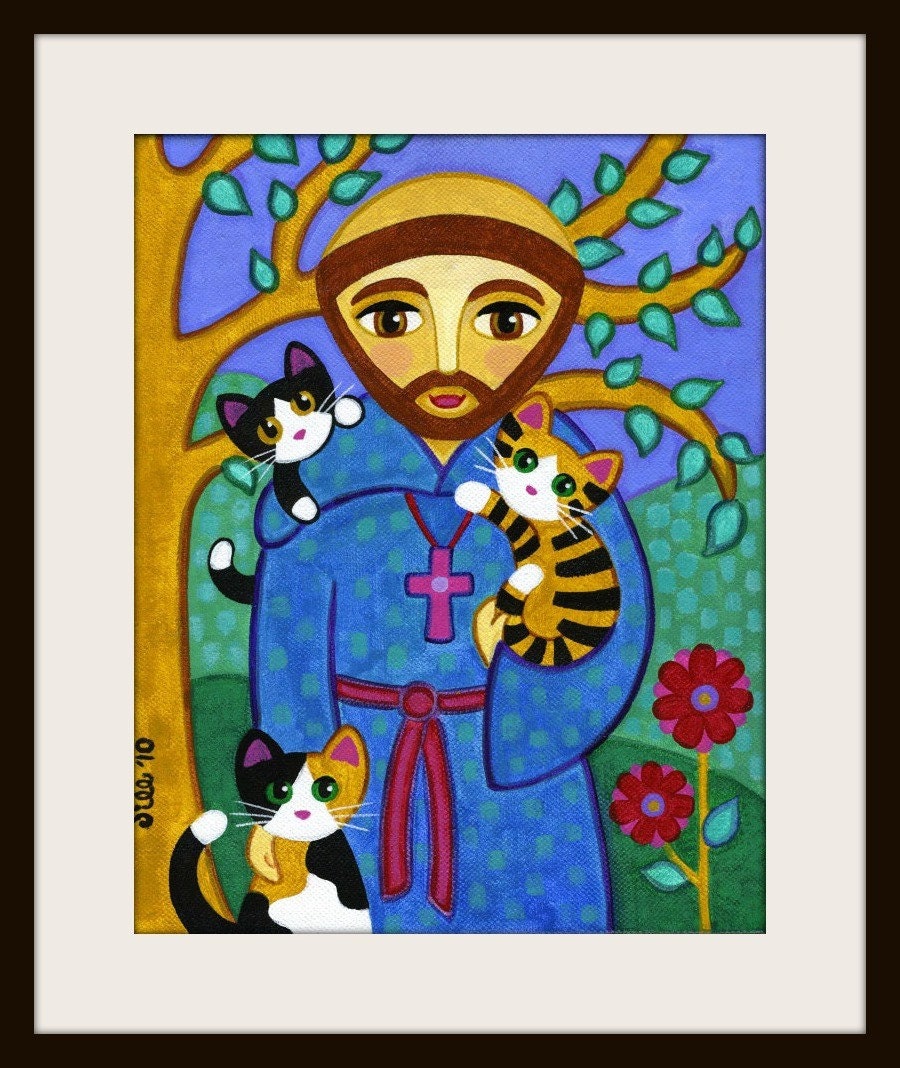 Saint FRANCIS of Assisi with CATS Art PRINT from Original Painting - by Jill