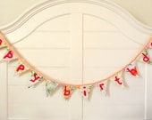 Pink Coral Happy Birthday Vintage Fabric Bunting Banner, Garland, Pennant Decoration Handmade By A Fête Beckons