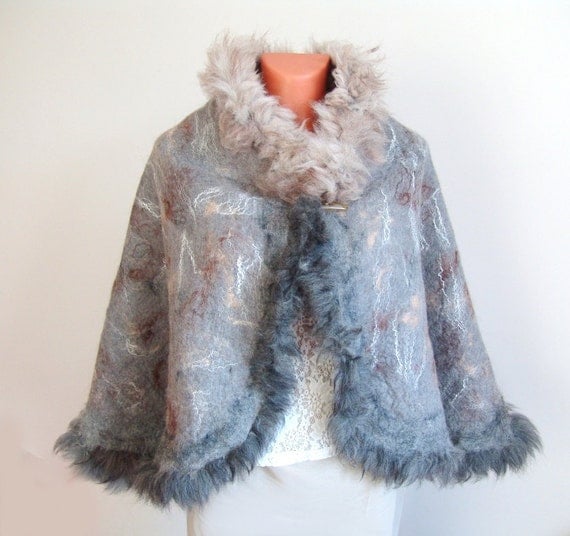 Felted capelet poncho wrap cap Fur  grey