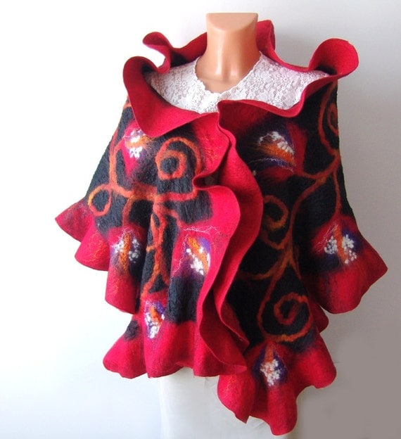 Nuno Felted scarf ruffle collar stole Red and Black