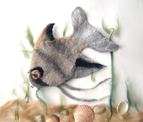 Felted purse cosmetic Grey Fish Silver Metal Frame under 50 octopurse