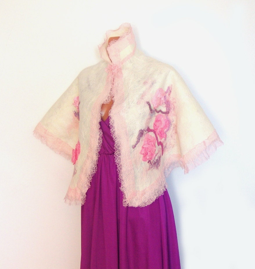 Nuno felted capelet wrap stole -Wedding Rose