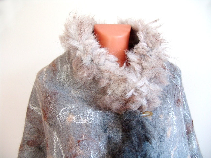 Felted capelet poncho wrap cap Fur  grey