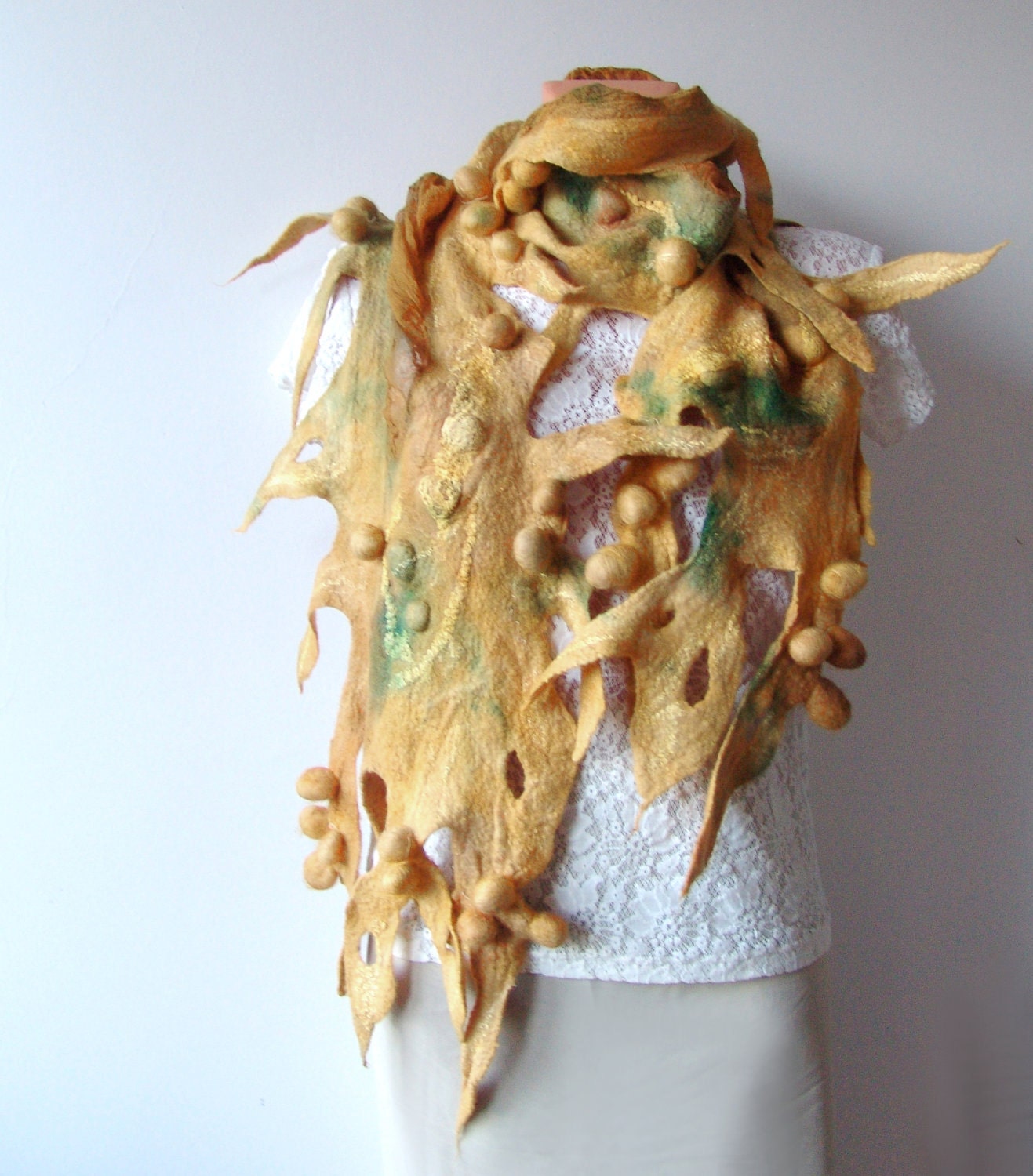 Nuno felted scarf Yellow Green Savanna shibori