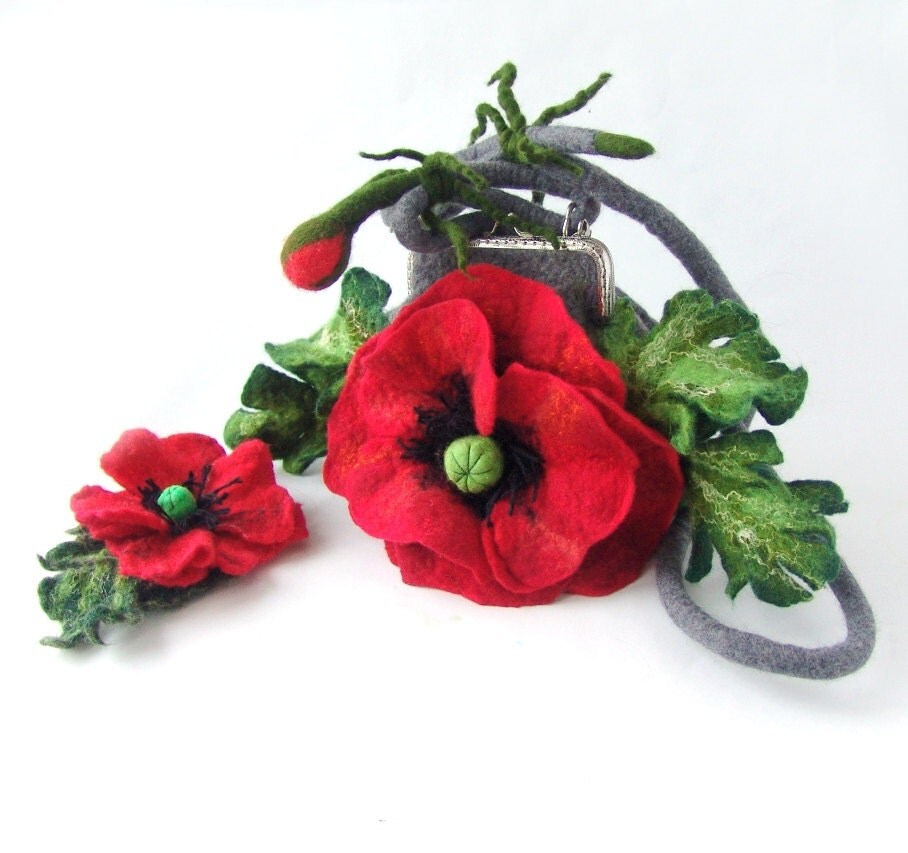 Felted handbag flower Poppy Red flower gift under 75