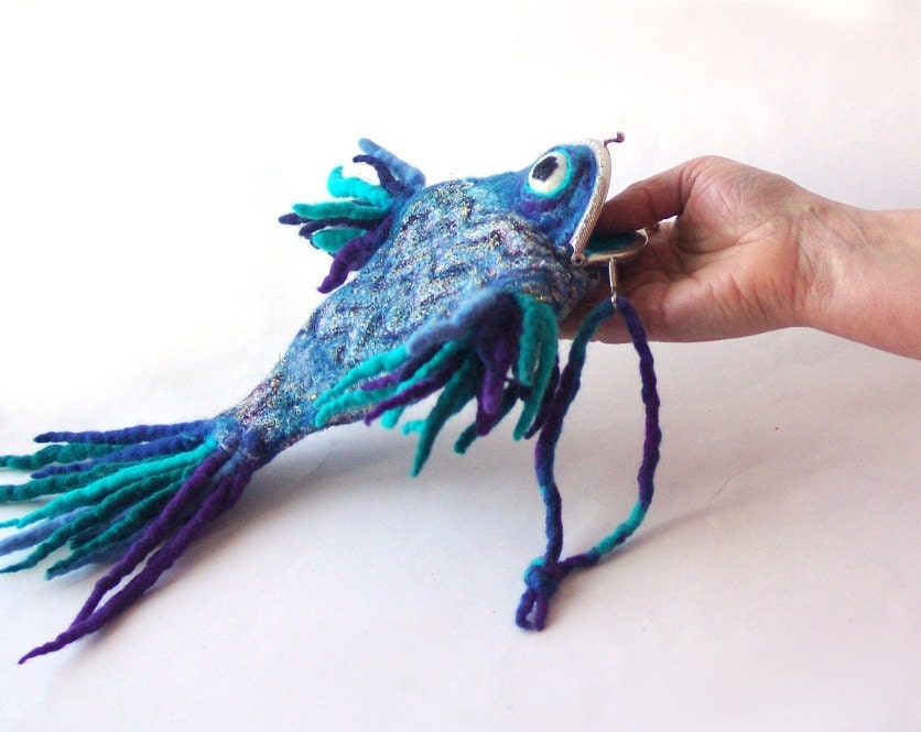Felted purse cosmetic Fish blue Metal Frame under 50 octopurse