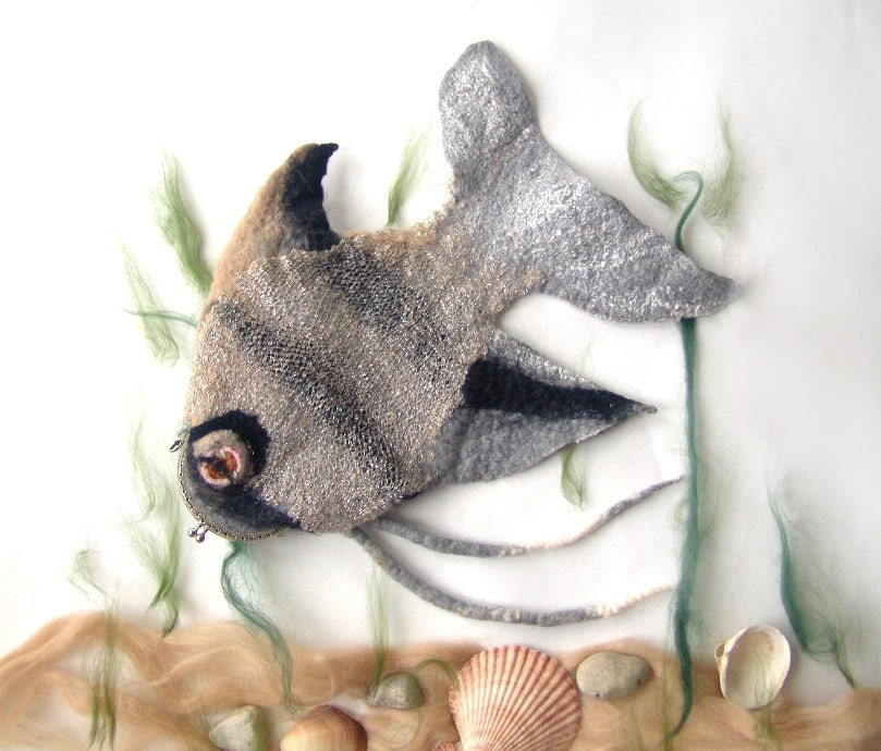Felted purse cosmetic Grey Fish Silver Metal Frame under 50 octopurse