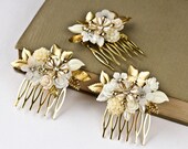 3 Vintage Hair Combs, Bridesmaids Hair Comb, Bridal Hair Comb, Bridesmaids Gift Shabby Chic Wedding Accessories, Gold Ivory White