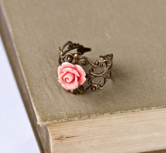 Coral Pink Ring - Adjustable Vintage Style Ring, Shabby Chic Ring, Rose Ring, Antique Brass Ring, Bridesmaid Gift