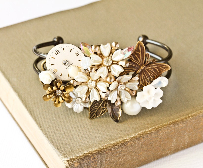 White Shabby Chic Bracelet - Bridal Bracelet, Bridesmaid Bracelet, Wedding Jewelry, Vintage Bracelet, One of a Kind