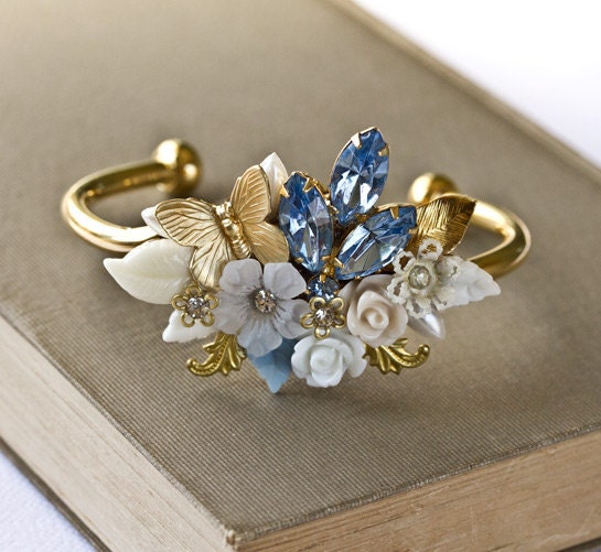 Bridal Bracelet - Something Old, Something Blue, Vintage Bracelet, Hollywood Glamour, Wedding Bracelet, Bridesmaid Gift, Gold Rhinestone