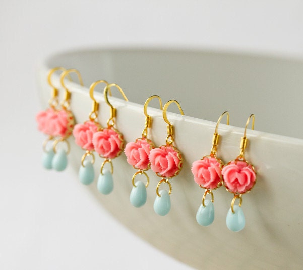 Bridesmaids Earrings - Spring Rose Earrings, Wedding earrings, Wedding Jewelry, Pink Coral Flower, Pastel Blue Glass Drop Dangle Earrings