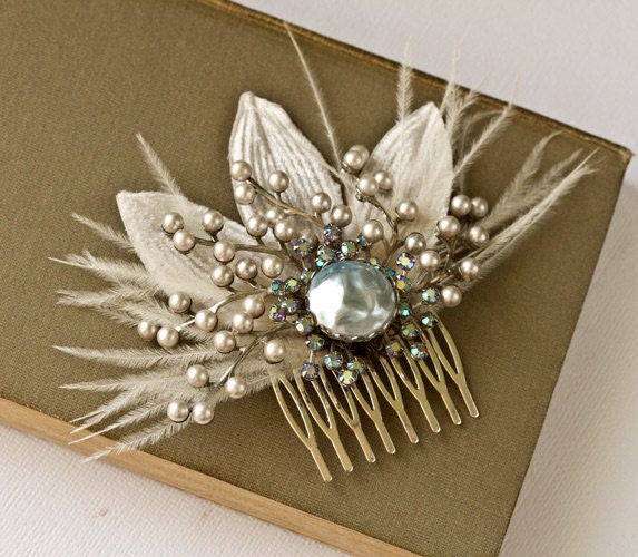 OOAK Bridal Hair Comb - Silver Hair Piece, Pearls and Rhinestones Vintage Jewelry Hair Comb Hair Accessories, Glamour Elegant Romantic Bride