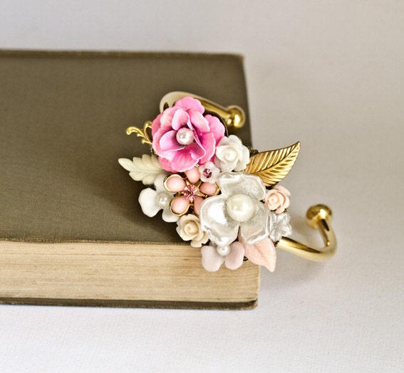 Statement Bracelet - Pink Vintage Bracelet, Shabby Chic Jewelry, Elegant Romantic Floral Gold Cuff Bracelet