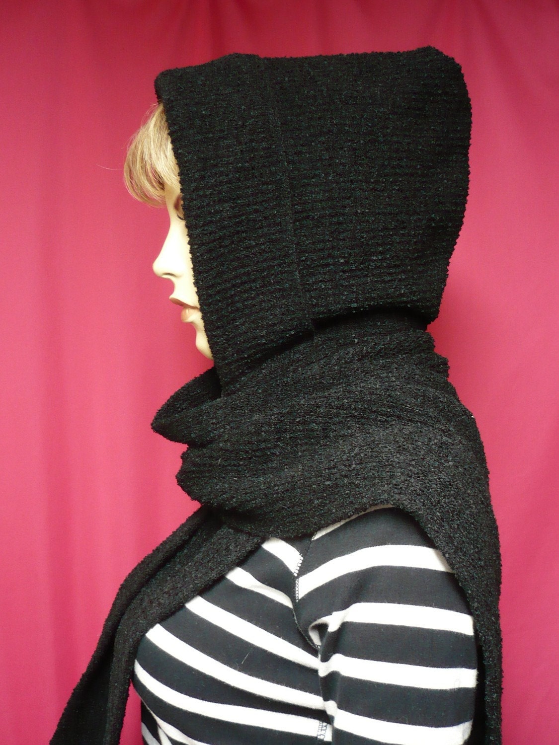 Soft Boucle Hood and Scarf Combi in Black, Knit Cap and Shawl for Fall and Winter, Hooded Scarf, Warm and Comfortable