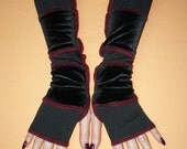 Segmented Armwarmers with Thumb Holes, Black and Burgundy Fingerless Gloves in Upcycled Look, Girl Sleeves with Black Velvet, Dance