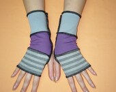 Short Segmented Armwarmers, Grey and Purple Fingerless Gloves, Striped, Mittens in Upcycled Look, Hippie, Comfortable Jersey Glove