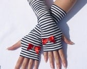 Nautical Style Armwarmers, Striped Gloves with Anchor and Red Bows, Navy Blue White Red, Summer Sea