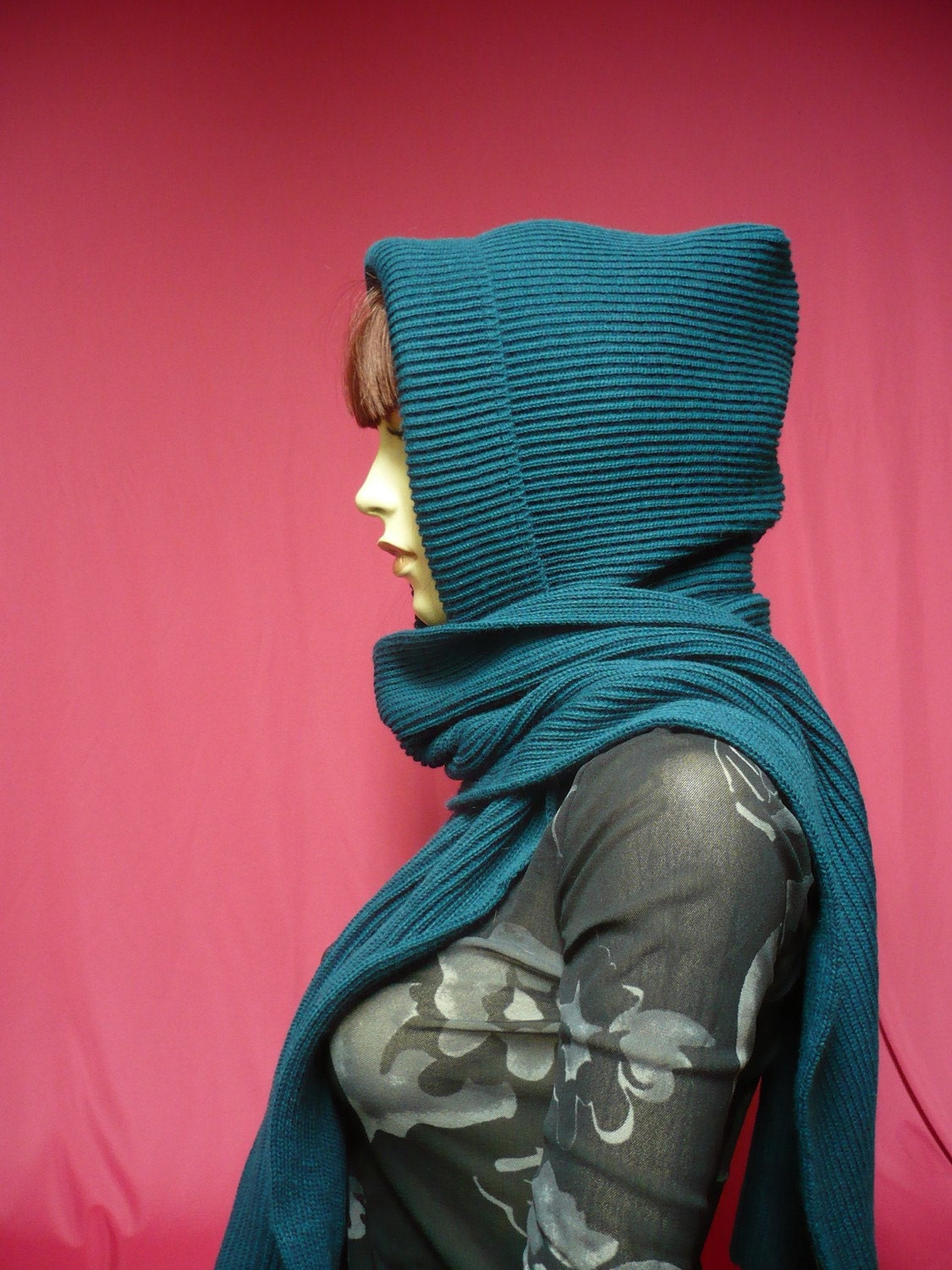 Sea Green HOODED SCARF, Acrylic Knit Cape with Shawl for Autumn, Hood and Scarf Combi, Warm HAT and Scarf, Fall