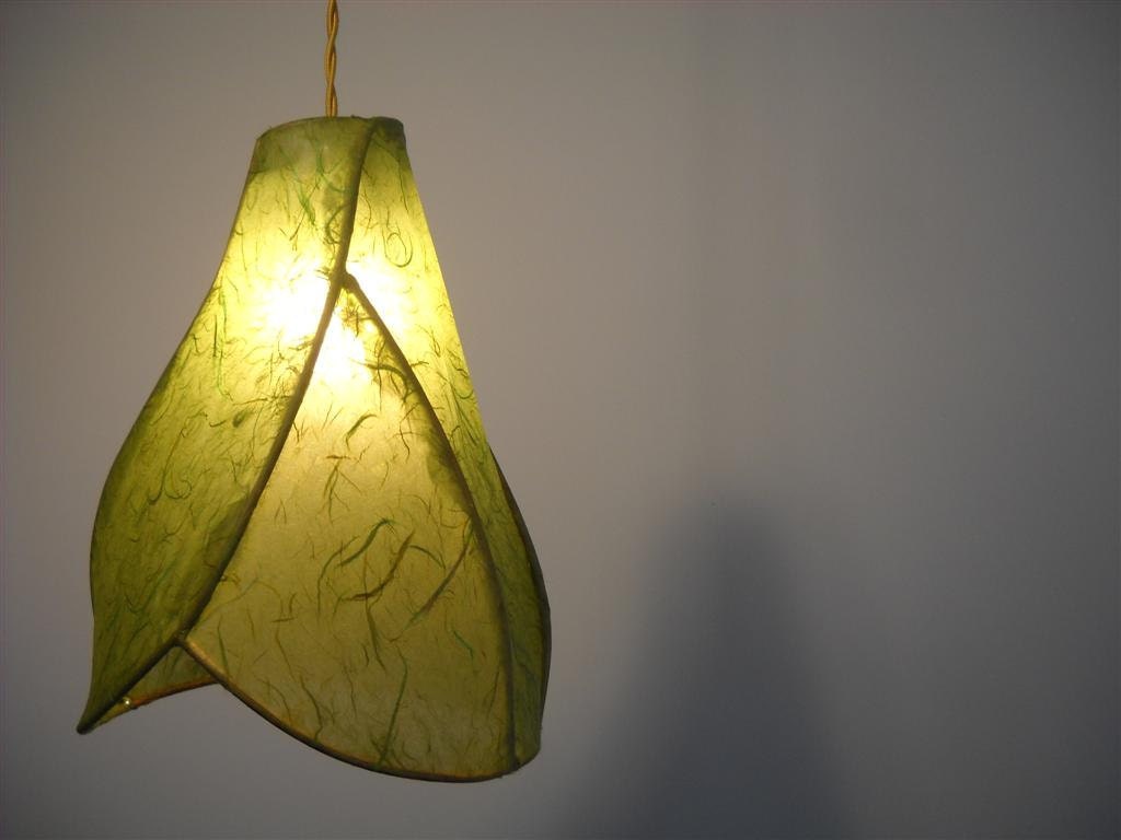 Handmade Paper Lantern - Sculptural Copper Hanging Pendant Light - The Camellia shown in Sprout Green